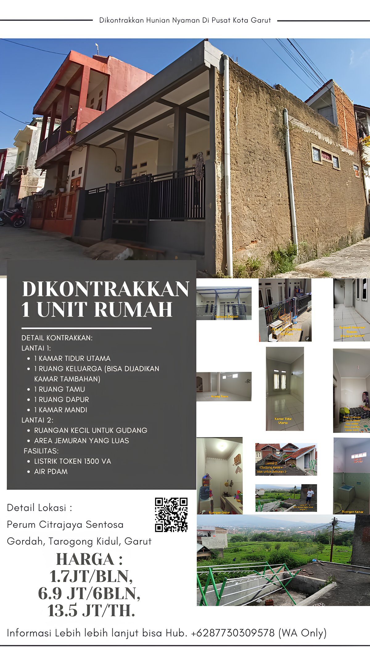 Flyer lengkap: dikontrakkan 1 unit rumah, detail ruangan, harga, dan lokasi
